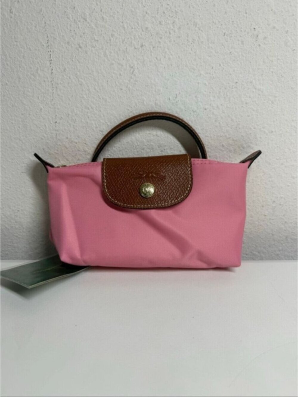 Longchamp Mini Le Pliage Nylon Guimauve Blush Pink Brown Top Handle Bag + Strap